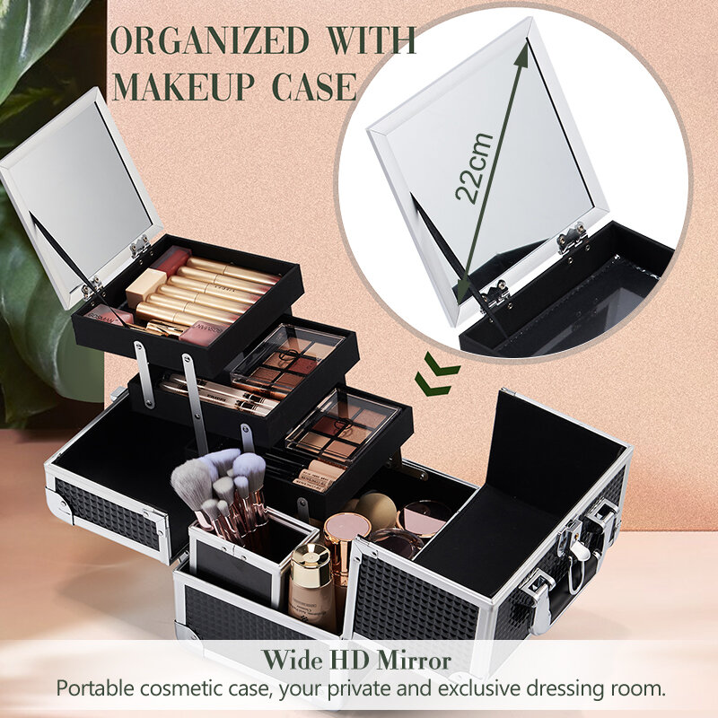 Joligrace profesjonalna walizka do makijażu przenośne pudełko kuferek kosmetyczny o dużej pojemności z szczotki kosmetyczne uchwytem zamykanym lusterkiem