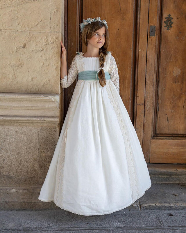 Pastoral Flower Girl Dress Applique 3/4 Sleeves Bow With Belt Floor Length For Wedding Children's Holy Communion Birthday Dress