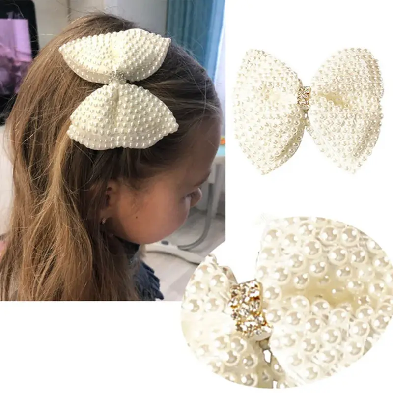 Witte Parel Haarelastiekjes Met Haarspeldjes Voor Meisjes Kids Boutique Lagen Bling Strass Center Bows Haarspelden Haar Accessoires
