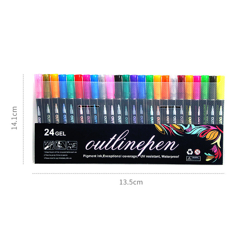 Dubbele Lijn Overzicht Pen Kleur Fantasie Metalen 12 Kleur Set Hand Account Markeerstift Kinderen Graffiti Schilderij Borstel