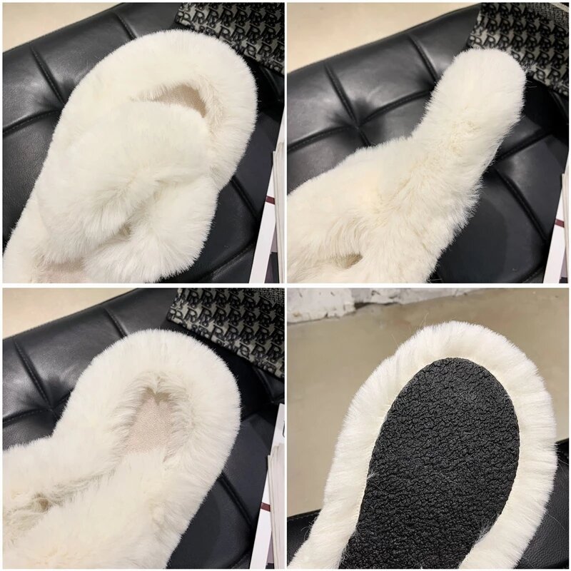 Mulheres chinelos de pele de inverno moda cruz banda quente de pelúcia senhoras sapatos macios cozy dedo do pé aberto interior fuzzy slides para meninas