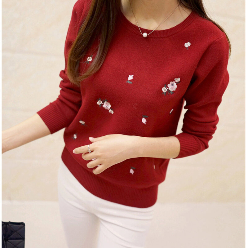 Pullover wanita gaya terbaru 2023 atasan sweter katun kasual lengan panjang bordir bunga cantik warna polos wanita
