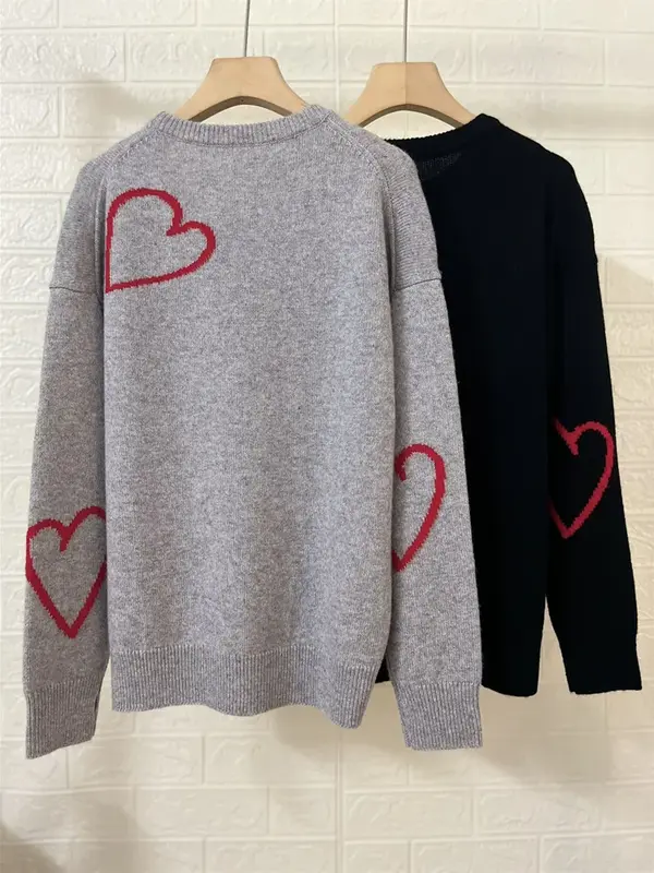 O-Neck Cashmere Sweater For Women's Heart Jacquard Fall Winter Casual Long Sleeve Jumper