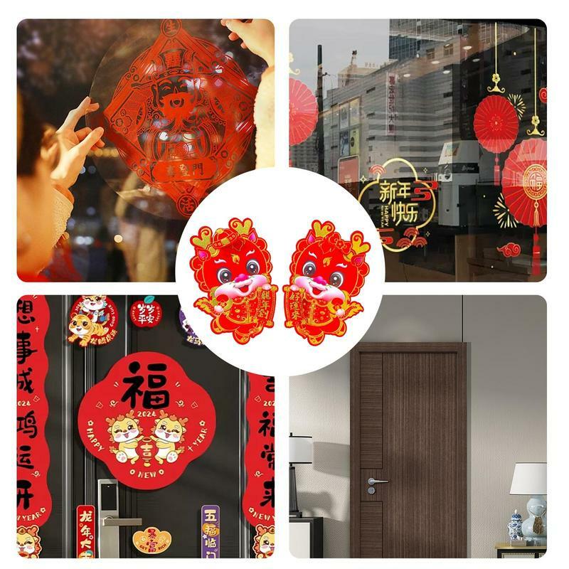 Stiker pintu Tahun Naga Tiongkok, stiker jendela Tahun Baru China 2024, stiker kartun 3D, kertas zodiak, dekorasi pesta