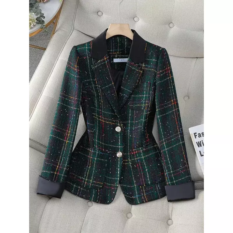 Blazer feminino xadrez de peito único, jaqueta casual, manga comprida, preto, branco, verde, casaco feminino, outono, inverno