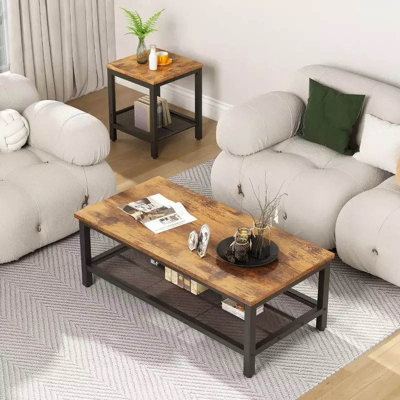 Coffee Table Set( 3 Pieces), Industrial Coffee Table with 2 Square End Side Tables, Coffee Table Set with Metal Frame