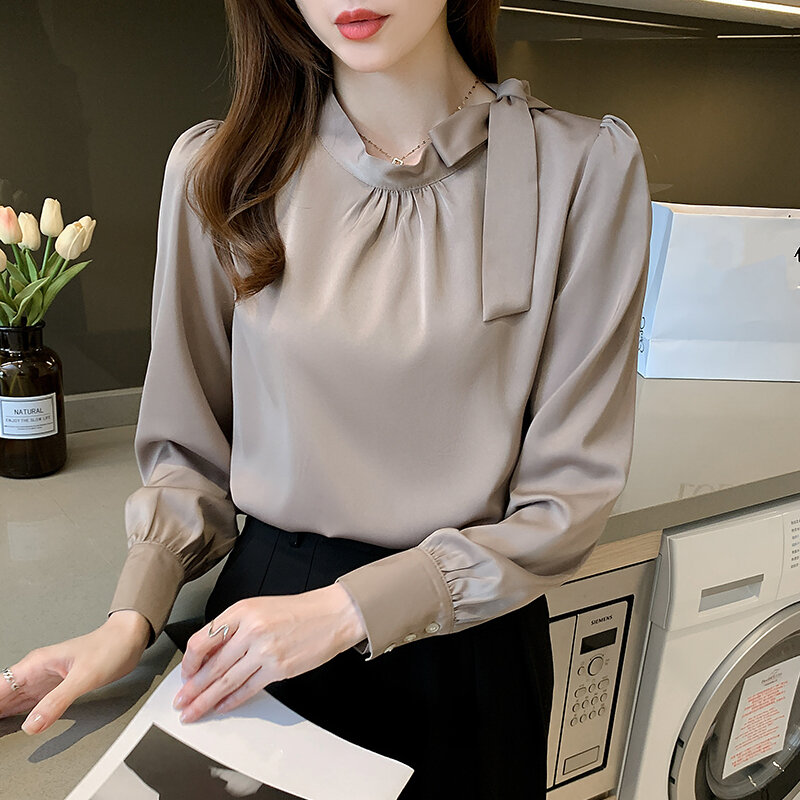 Blusa coreana con estampado de café para mujer, camisa de manga larga con cuello redondo, informal, holgada, con lazo, para oficina, para otoño, 2023