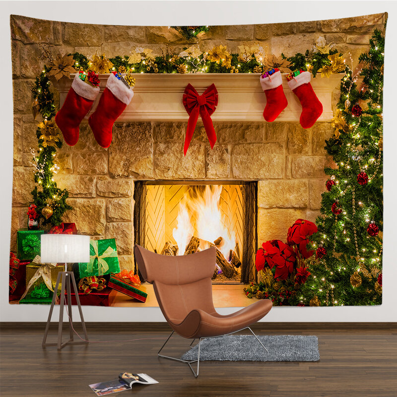 Christmas Tapestry Santa Claus Aesthetic Room Decor Christmas Fireplace Background Tapestry Wall Hanging Home Holiday Decoration