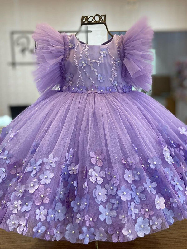 Flower Girl Dress For Wedding Puffy Purple O-neck 3d Applique Tulle With Bow Baby Princess Birthday Party Ball Gowns