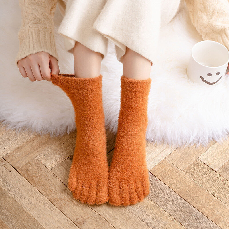 Women Girls Thick Five Finger Socks Winter Warm Colorful Coral Fleece Fluffy Toe Socks Soft Cozy Hosiery Female Floor Slippers
