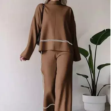 Sexy Sleepwear Women Knitted Pants Sets Spring Stand Collar Loose Sweaters Tracksuits + Wide-Leg Trousers Suits Two Piece Set