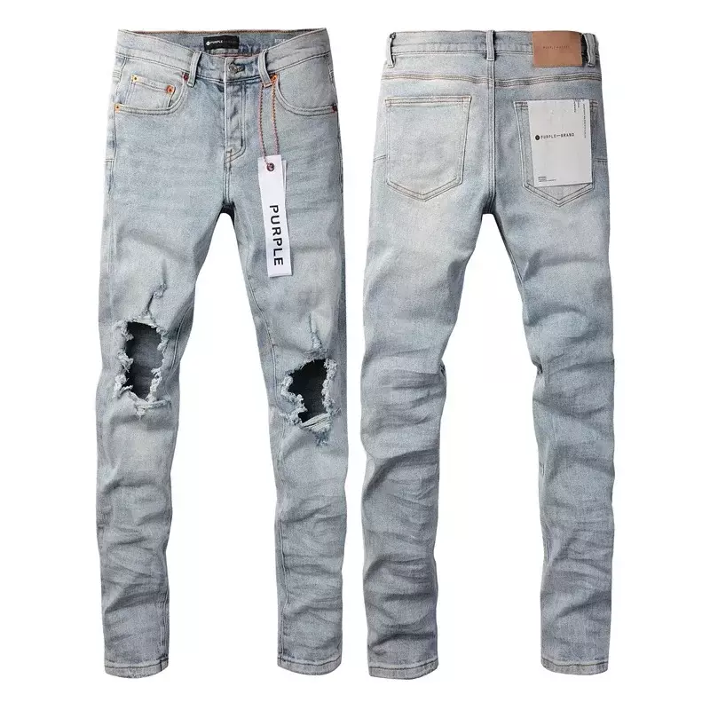 Alta qualità 2024 nuovi jeans di marca viola moda fori al ginocchio blu chiaro, vestibilità slim, moda, riparazione di alta qualità 28-40 pantaloni taglia