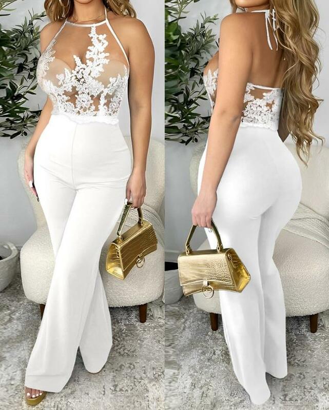 Summer Women's Jumpsuit Elegant and Sexy Lace Sexy Sleeveless Top with Backless Straps and Thin Mesh Straight Fitting Jumpsuit
