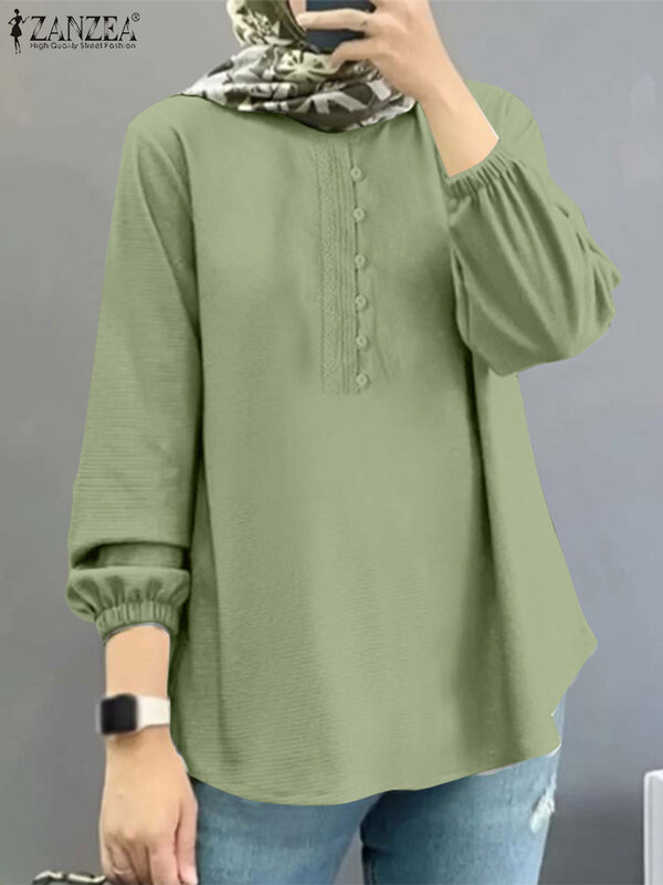 ZANZEA-Blusa muçulmana vintage casual para mulheres, camisa de crochê, roupas islâmicas, tops com o pescoço, manga comprida, moda outono, 2023