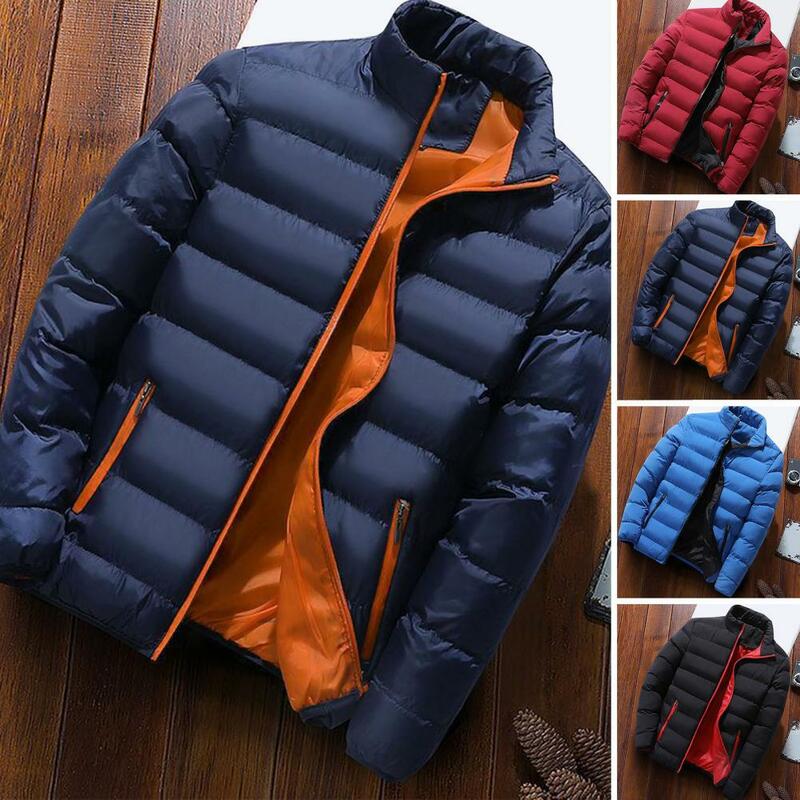 Men Jacket Full Zipper Coat Men's Winter Padded Coat with Stand Collar Zipper Closure Windproof Design for Soft Warmth Cold