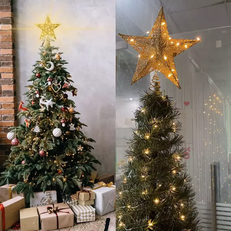 Eisen Glitter Pulver Weihnachts baum Topper Stern mit LED Kupferdraht Lichter Frohe Weihnachten Baum Dekor für Zuhause Navidad Ornamente