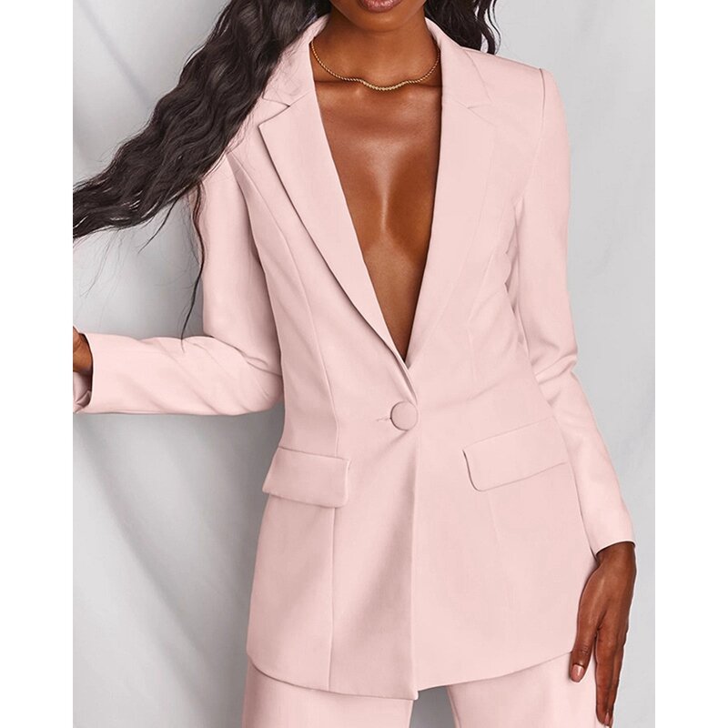 Women Notched Neck Single Button Top & Wide Leg Pants Set Female Two Pieces Blazer Suit Set Business Workwear Elegant Office