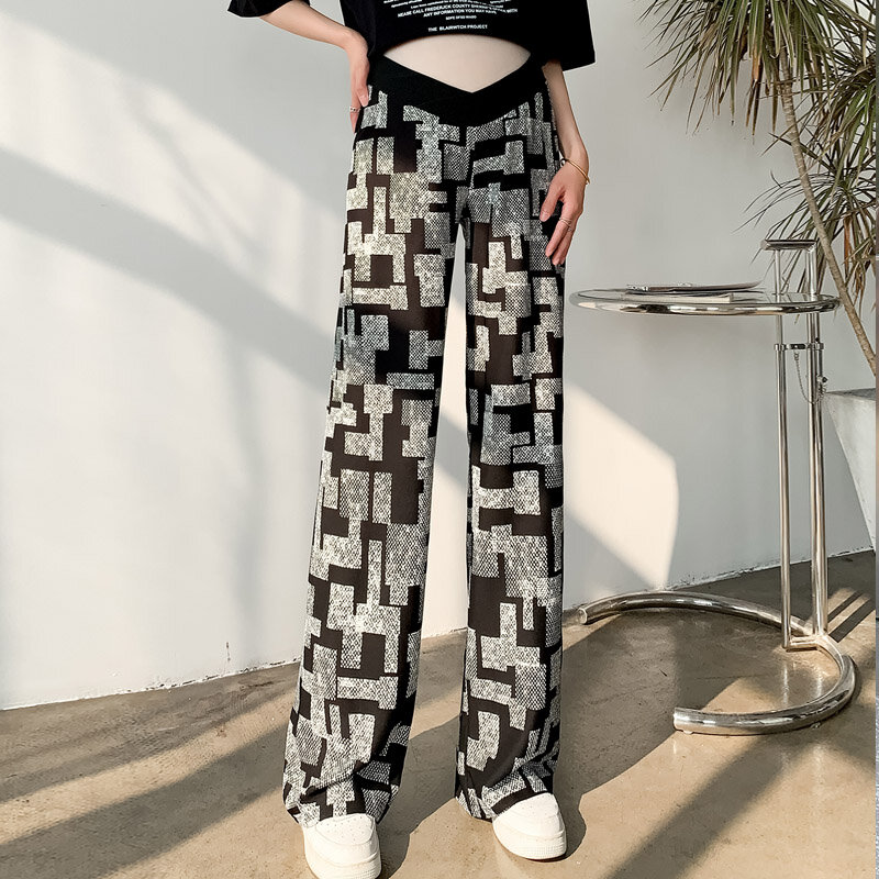 Check Printed Ice Cool Long Pants for Maternity Summer Low Waist Straight Belly Trousers for Pregnant Women Y2k Youth Pregnancy