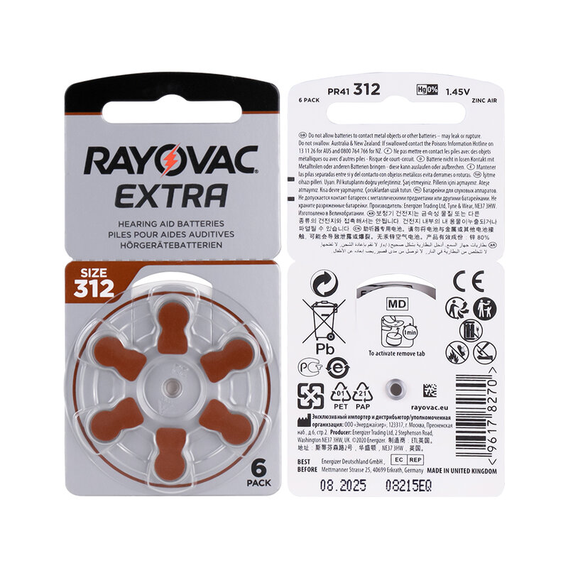 Hearing Aid Batteries 60PCS/10 Cards RAYOVAC EXTRA 1.45V 312 312A A312 PR41 Zinc Air Battery For Hearing Aid Free shipping