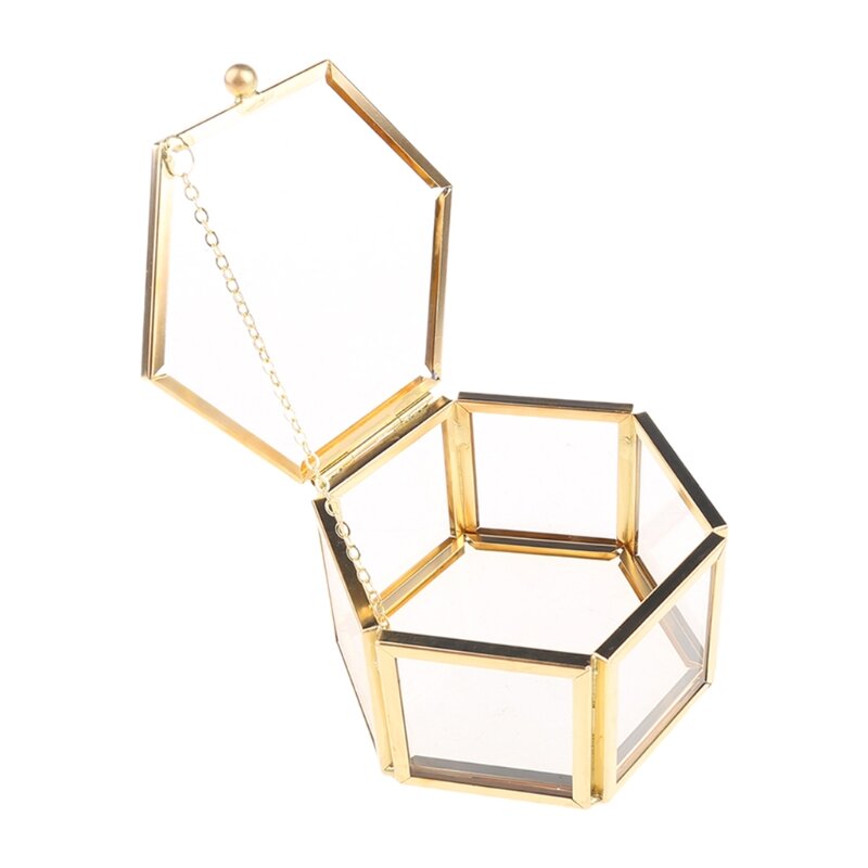 Kotak Perhiasan Kaca Bening Kotak Hadiah Cincin Antik Cantik Premium Segi Enam dengan Tutup Pengiriman Drop