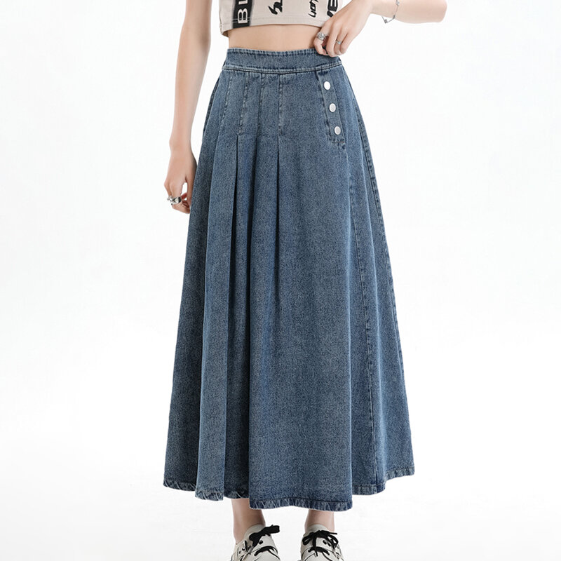 Falda vaquera plisada para mujer, falda de cintura alta, elástica, con botones, longitud media, color azul claro, estilo Retro, nuevo diseño, 2024