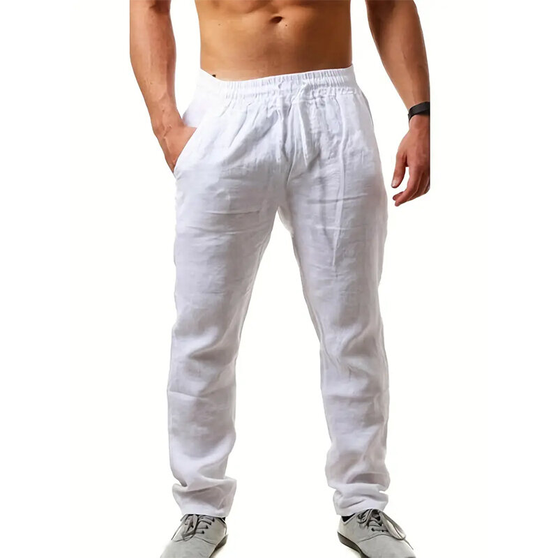 Męskie wygodne bawełniane lniane spodnie Letnie luźne spodnie ze sznurkiem Codzienne codzienne spodnie na zewnątrz Wszechstronne spodnie w jednolitym kolorze
