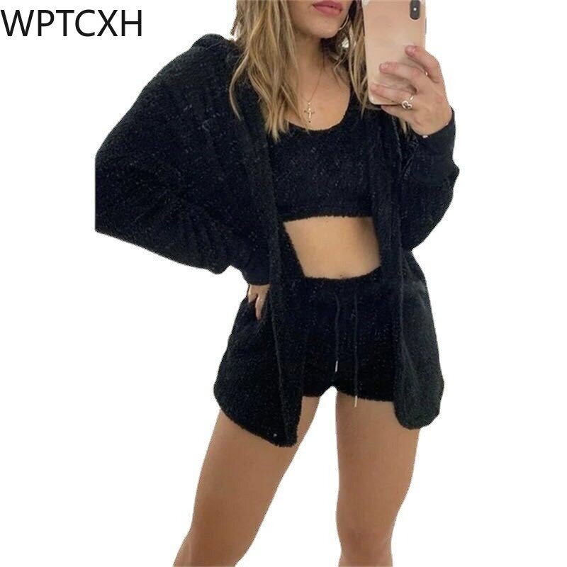 WPTCXH 2023 New Autumn Winter Long Sleeved Plush Loungewear Fashion Casual Three Piece Vest Coat Shorts Tracksuit Home Wear