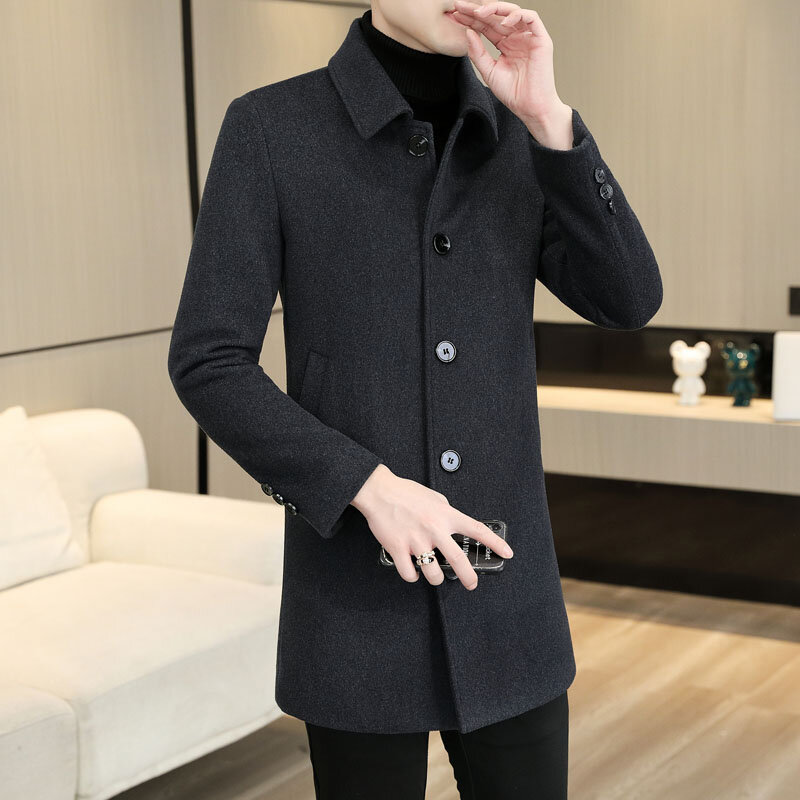 Topowe wełniane płaszcze męskie 2024 jesienno-zimowe jednokolorowe ciepłe wełniane kurtki wiatrówki średniej długości biznesowy płaszcz odzież