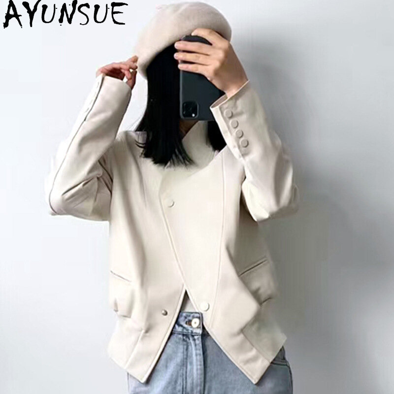 AYUNSUE 여성용 진짜 가죽 재킷, 진짜 양가죽 코트, 짧은 슬림 가죽 재킷, 브이넥 자케타 쿠로 여성스러운, 2023 패션