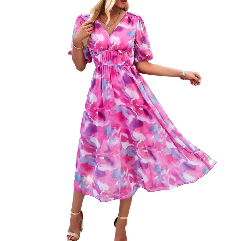 V-Neck Long Dress Microelasticity Printed Short Sleeve Elegant For Daily Long Dress Tighten The Waist To Ankle