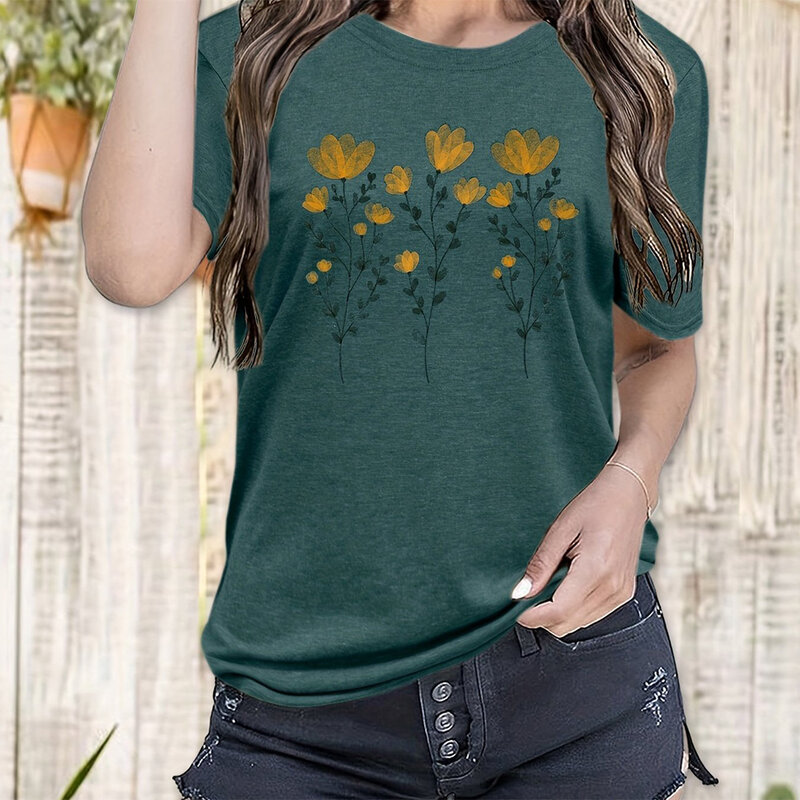 Koszulka damska z z kwiatowym wzorem letnia z okrągłym dekoltem krótki luźny rękaw dopasowana odzież daktyl Top damska koszulka imprezowa