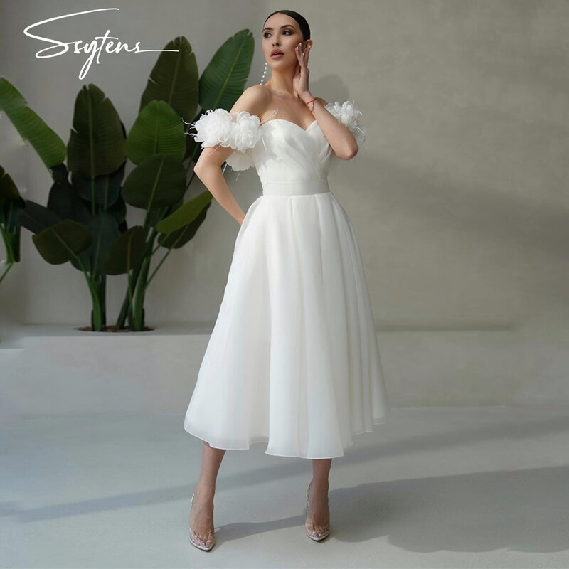 Eleganckie suknie ślubne księżniczki do kostek 3D Flowers Off Shoulder Sexy Bride Dress Women Bridal Gowns A Line Vestido Noiva