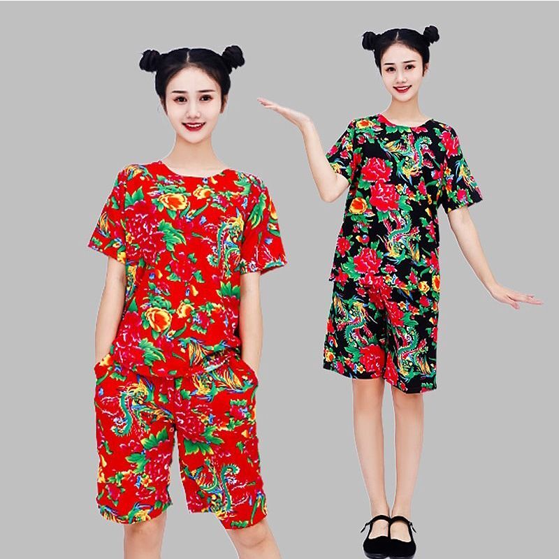2024 nordöstlichen großen Blumen stoff Anzug kurz ärmel ige ethnische lustige Tanz kostüm Guochao-Stil Duo lustige Wushu Kung Fu Kleidung