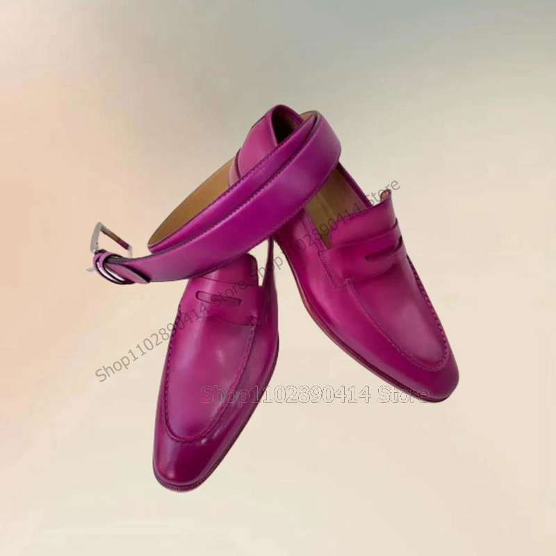 보라색 바느질 디자인 무광 가죽 남성 로퍼, 패션 슬립온 남성 신발, 럭셔리 수제 파티 연회 사무실 남성 원피스 신발