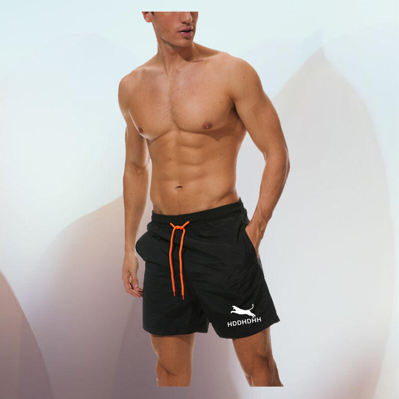 Marca masculina estampada shorts casuais, calça de praia fina, cinco calças soltas, verão