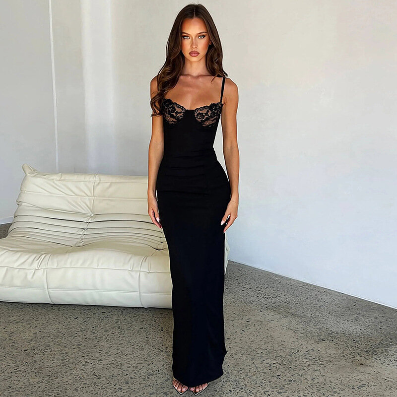 Black Lace Women's Prom Dress Sexy Strap Sleeveless Summer Long Maxi Party Gown Slim Fit Sheath Skirt Robes In Stock