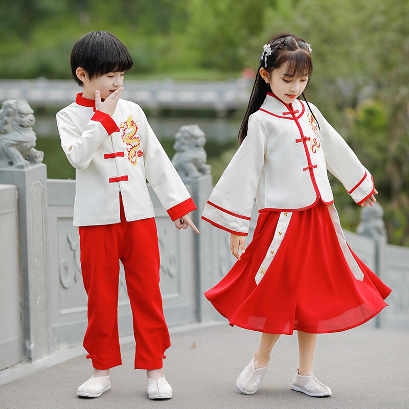 Menino e menina primavera outono novo dragão oriental hanfu vestido estilo chinês bordado duas peças terno desempenho desempenhar papel traje