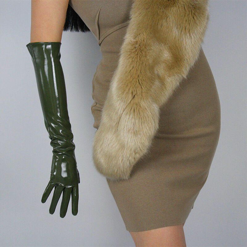 DooWay Women's Army Green Gloves Shine Olive Faux Latex Wet Look Patent Leather Evening Cosplay Fashion Costume Opera Glove