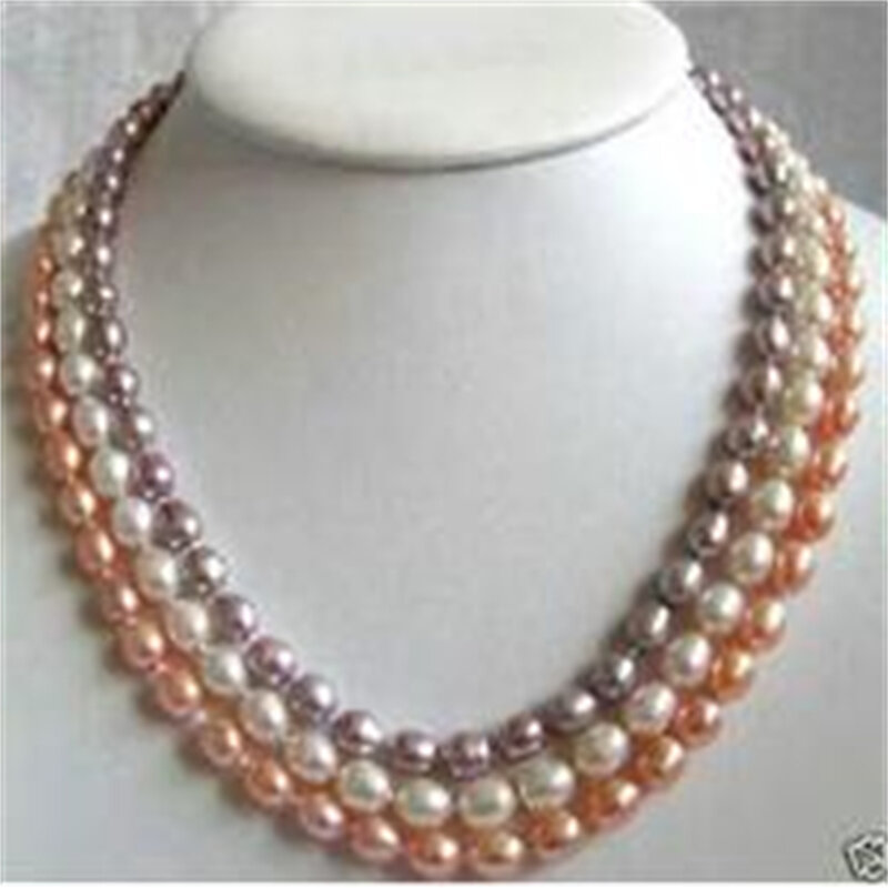 Collar de 3 filas, 7-8mm, Color rosa, Blanco, Morado, perla, 18-20 "AA