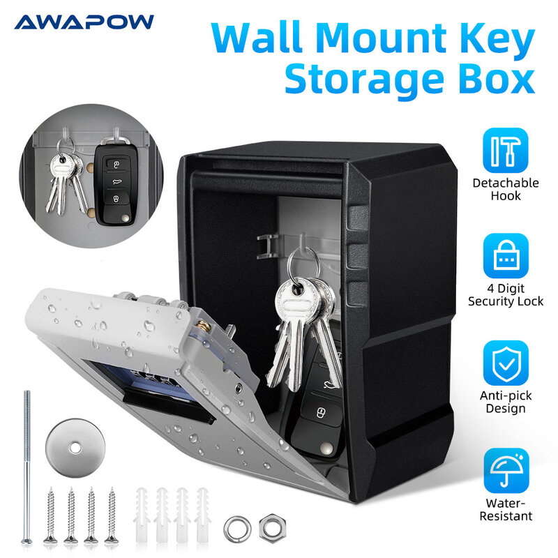 Awapow-パスワード付きの金属製キーボックス,壁に取り付けられた,4桁のパスワードが付いた収納ボックス,防水盗難防止ロック,大容量のキーボックス