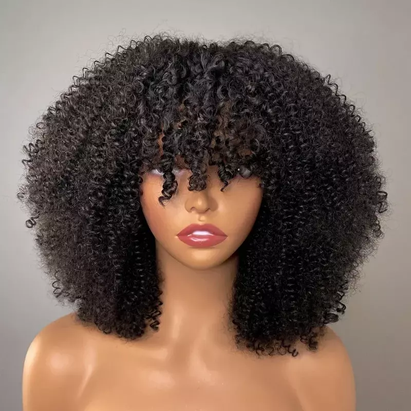 Afro peruki z włosami kręconymi typu Kinky z Bangs 200% gęstości brazylijski Remy ludzki włos pełna maszyna wykonane peruki krótki Afro kręcone peruki dla kobiet