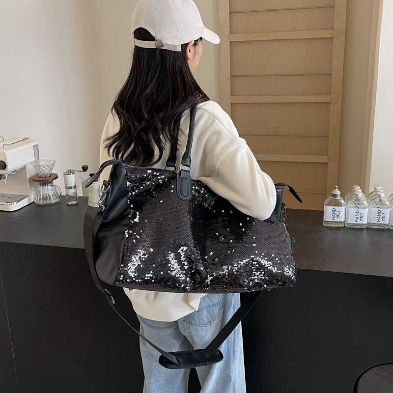 กระเป๋าถือและกระเป๋าเงิน MODE Korea ดีไซน์เนอร์ Y2K กระเป๋าสะพายไหล่สำหรับผู้หญิงเลื่อมขนาดใหญ่กระเป๋าถือ tas Jinjing Travel มีด้ามจับสั้น