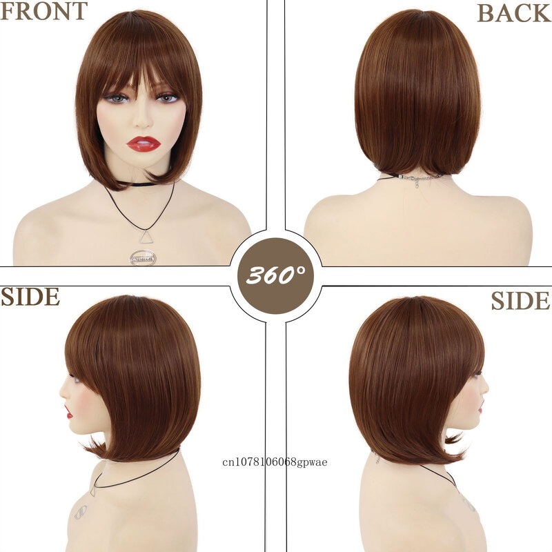 Synthetic Hair Bob Wigs Short Straight Brown Wig with Bangs for Women Ladies Heat Resistant Daily Party Costume Mommy Gifts