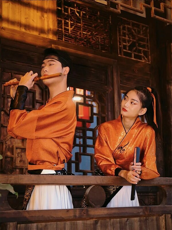 Darmowy projekt strój hotelowy pomarańczowy chińskie tradycyjne Hanfu kelner spersonalizowany hurtowy