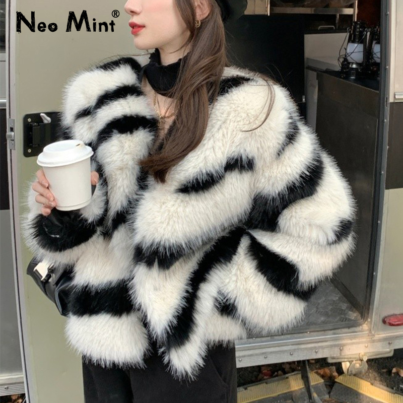 Ins Chique Meisjes Pluizige Zebra Bontjas Vrouwen Harajuku Street Fashion Casual Faux Fox Bontjas Dames Winter Dikke Warme Overjassen