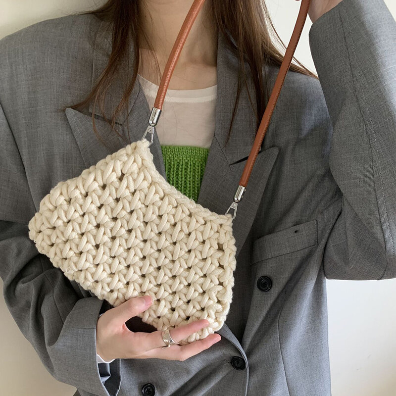 Fashion Crochet Women Shoulder Bag Candy Color Rope Knitting Handbag Handmade Woven Bags for Women 2024 Small Armpit Bag Purse