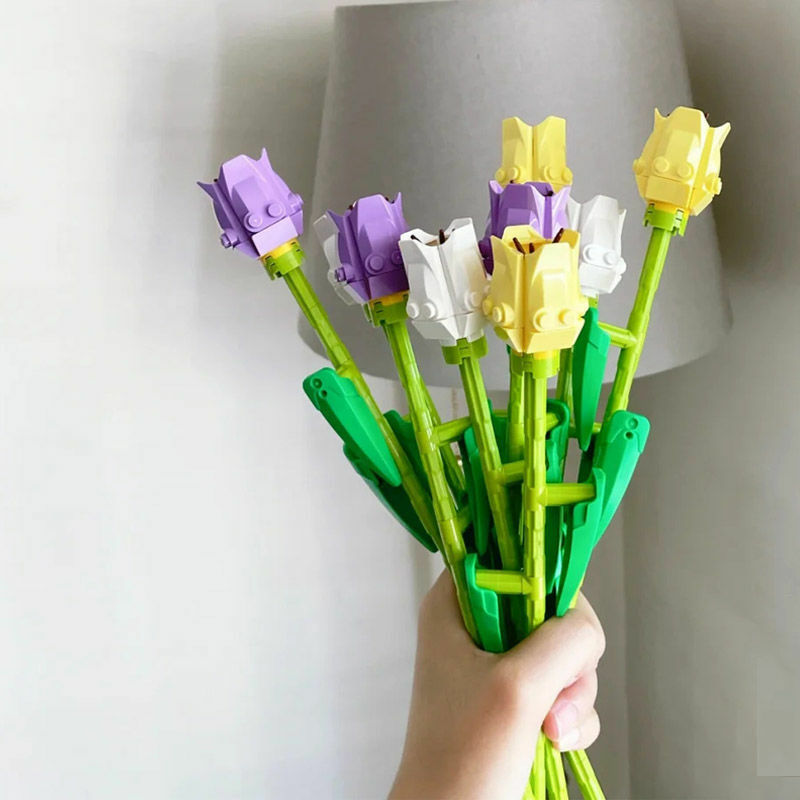 Modèle 3D de bouquet de fleurs de nuits de construction, tulipe perpétuelle, plante en pot, briques d'assemblage, décoration de la maison, cadeaux pour enfants, Leon
