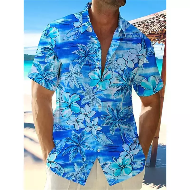 Camisa havaiana de manga curta masculina, estampado flores de praia, top de botão de lapela, camisa plus size, nova moda, 2023