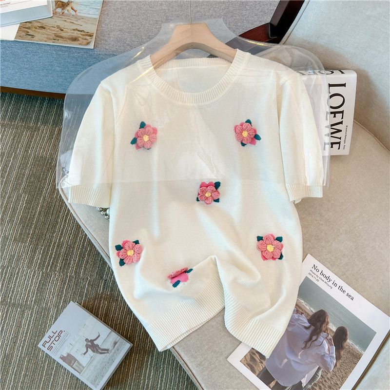 Summer Women2024 New Round Neck Solid Color Refreshing Casual Tshirts Elegant Loose Comfortable Korean Flowers Knitting Top