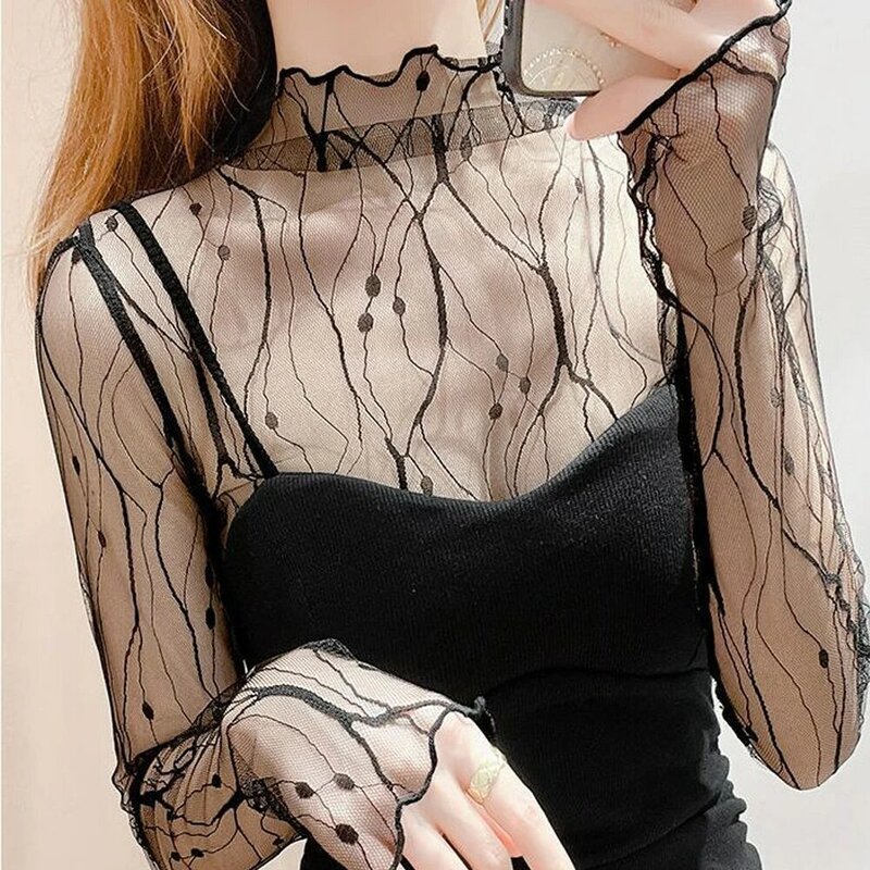 Camicette trasparenti in rete Sexy top a rete trasparente vedere attraverso la maglietta con protezione solare a maniche lunghe camicia con fondo Bling argento nero